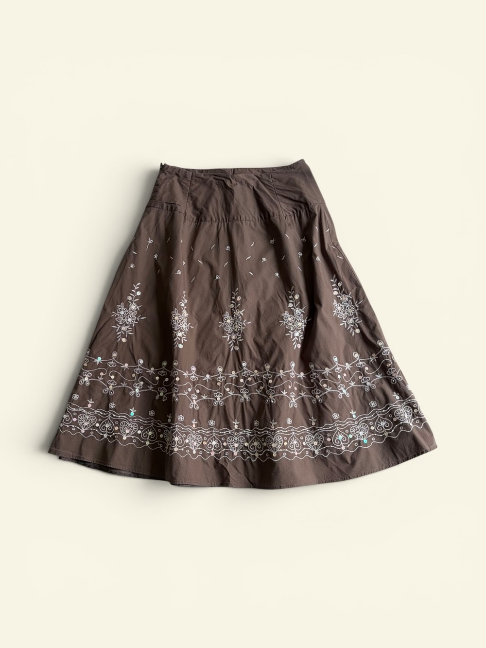 Vintage Y2K Edward Brown Embroidered Sequin Midi Skirt Boho Fairycore Medium